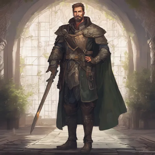 Prompt: (Full body) male stocky young royal noble with short-cut hair and beard, in a dark labratory, pathfinder, d&d setting, in a realistic digital art style