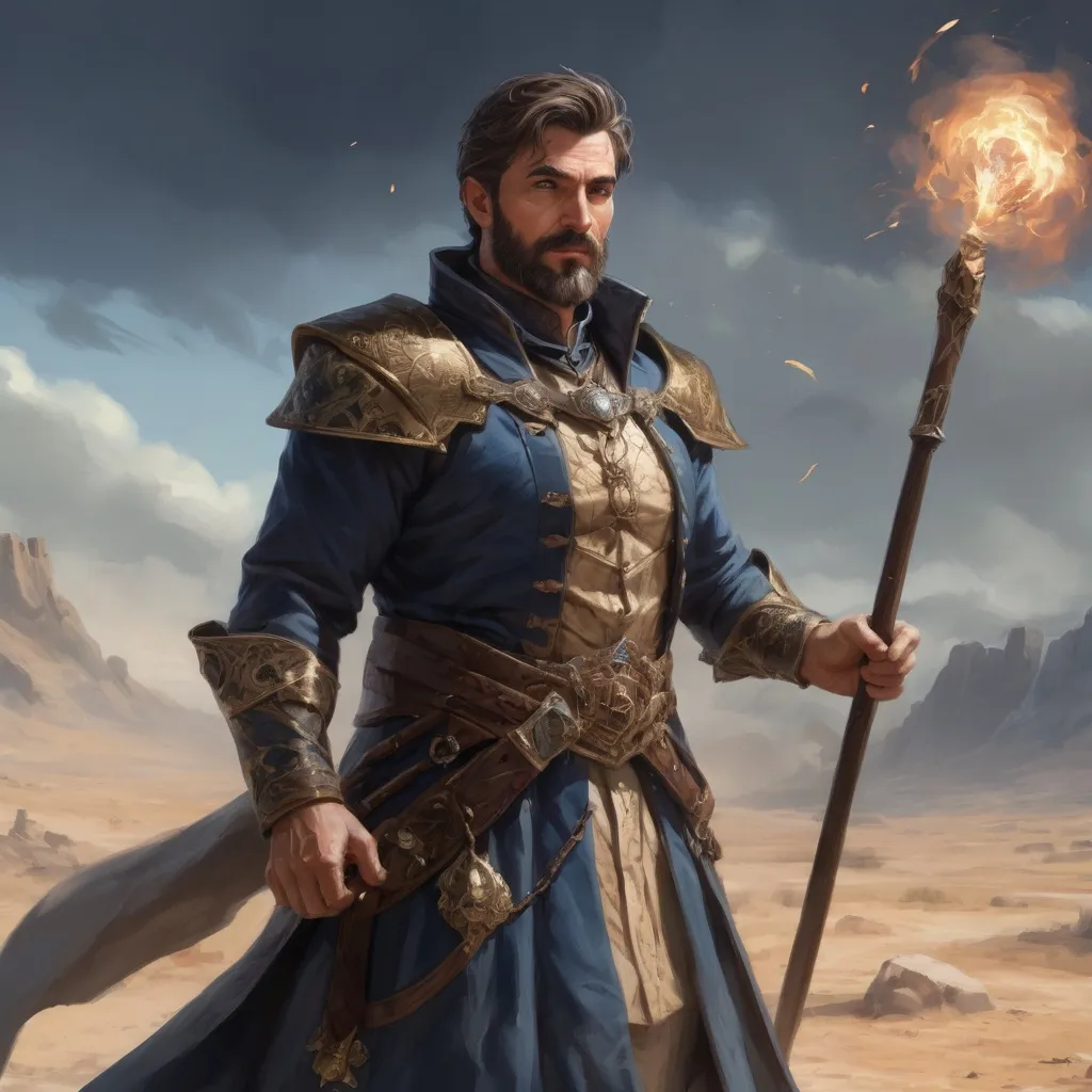 Prompt: Male stocky heavy-set argentinian royal magus with short-cut hair and beard, casting spell on a windy battlefield, pathfinder, d&d setting, in a realistic high quality digital art style, enhanced shadow quality