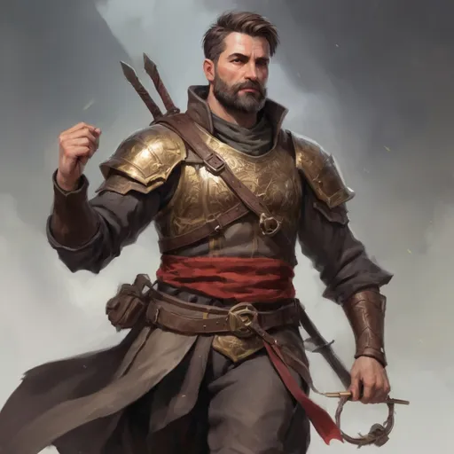 Prompt: (torso) Male heavy-set mature fit bard with short-cut hair and beard, holding fantasy-weapon , in a windy battlefield, pathfinder, d&d setting, enhanced shadow quality