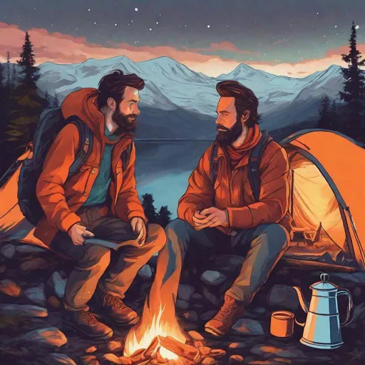 Prompt: A beautiful and colourful picture of two men with brunette hair and short beards, camping in a norwegian mountain, coffeepot on a campfire, morning sky, panoramic view, in a painted style