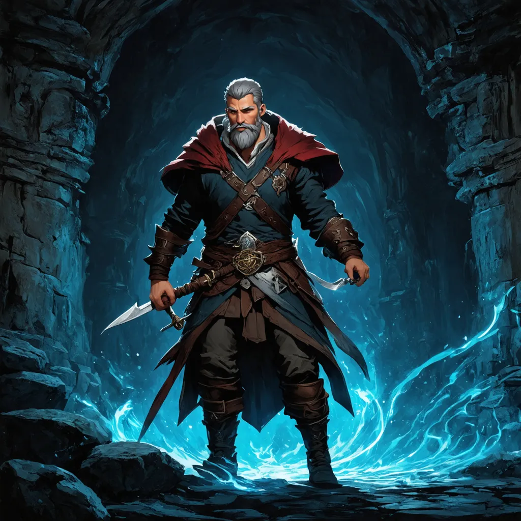 Prompt: (Full body) male rogue with grey short hair and beard, holding a weapon, exploring an underground temple in the dark, magic swirls, pathfinder, d&d setting, in a drawn digital art style