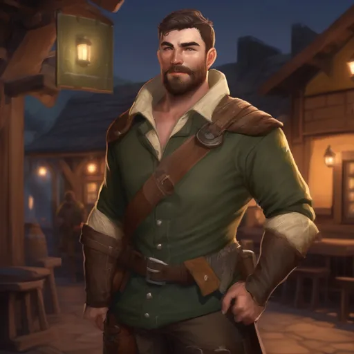 Prompt: (Full body) male thick manly ranger with short hair and beard, by a tavern at night, pathfinder, d&d setting, in a realistic digital art style