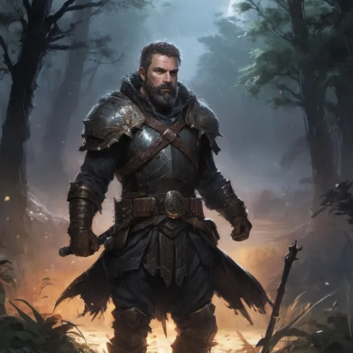 Prompt: Male stocky hairy mature warrior in  a breastplate, with short hair and beard, in a dark thicket by a battlefield at night in a rainstorm, pathfinder, d&d setting, in a realistic high quality digital art style, enhanced shadow quality, colorful