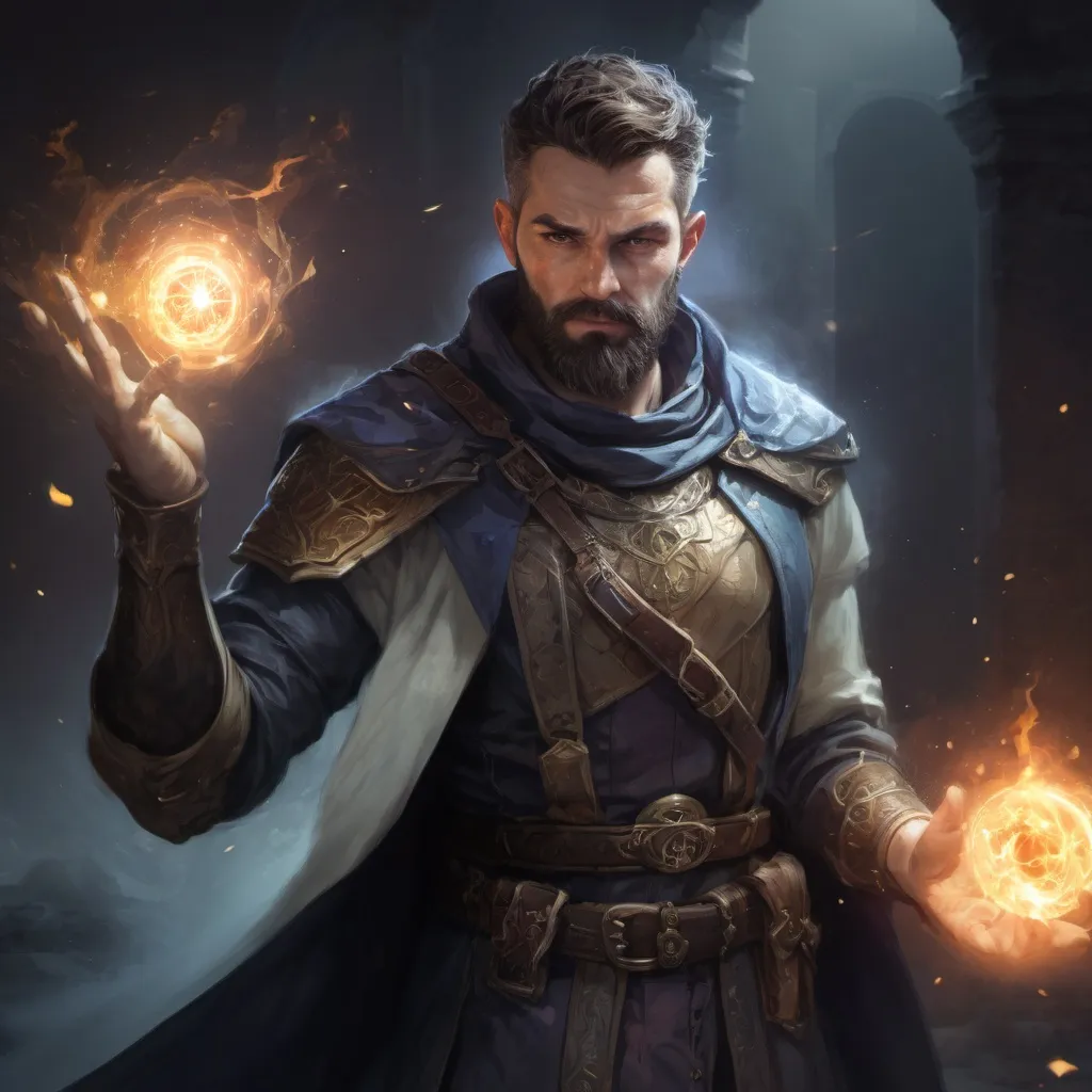 Prompt: Male stocky mature maguswith short-cut hair and beard, in combat holding magic, inside of an astral magical dimention, pathfinder, d&d setting, in a realistic high quality digital art style, enhanced shadow quality