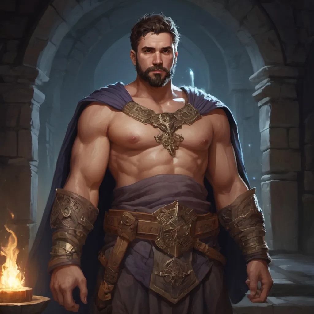 Prompt: Male stocky heavy-set holy-magic oracle with short-cut hair and beard, big belly, inside a temple dungeon at night, pathfinder, d&d setting, in a realistic high quality digital art style, enhanced shadow quality