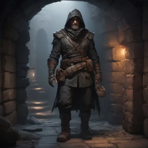 Prompt: Male stocky large mature thief with short-cut hair and beard, exploring a dark cellar, pathfinder, d&d setting, realistic, enhanced shadow quality