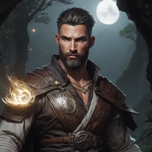 Prompt: (head and torso) Male heavy-set fit 30-year old hunky druid with short-cut hair and beard, holding magic-spell, in a windy nature at night, pathfinder, d&d setting, enhanced shadow quality