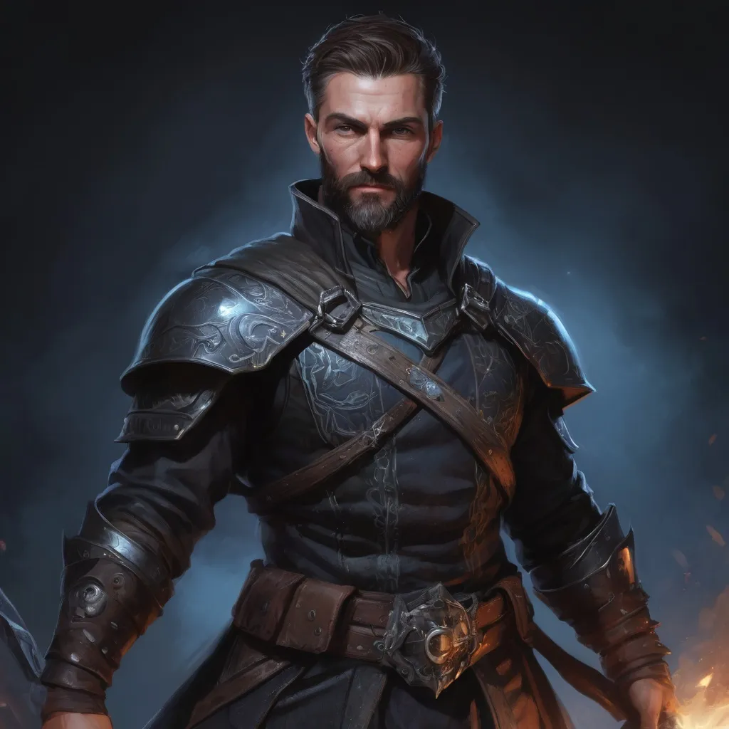 Prompt: (torso) Male stocky mature shadow-rogue with short-cut hair and beard, on a battlefield at night, in combat, holding a magic weapon, bright aura, pathfinder, d&d setting, in a realistic high quality digital art style, enhanced shadow quality