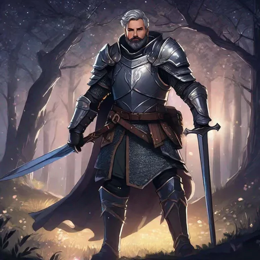 Prompt: A male knight with short dark-grey hair and beard, in nature at night, boots, pathfinder, in a detailed realistic digital art style