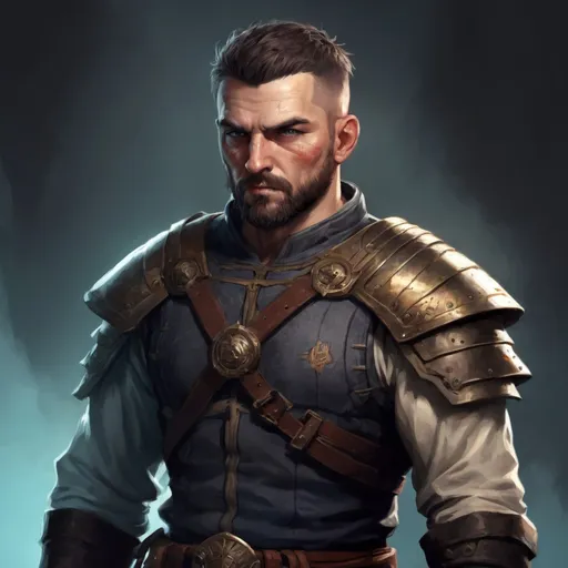 Prompt: Male stocky large mature albanian fighter with short-cut hair and beard, exploring a dark dungeon, pathfinder, d&d setting, in a realistic high quality digital art style, enhanced shadow quality, colorful