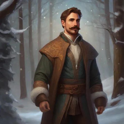 Prompt: (Full body) A male cleric with short cut hair with a mustache and stubble manly face, pathfinger, magic swirl, holding magic , dungeons and dragons, brown boots, fantasy setting, in a winter forest glade at night, in a painted style realistic art