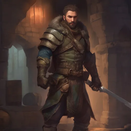 Prompt: (Full body) male stocky big-chested Noble young ranger with short hair and beard, in a dark room, pathfinder, d&d setting, in a realistic digital art style