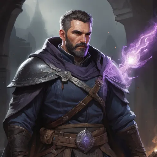 Prompt: Male stocky heavy-set mature dark-mage with short-cut hair and beard, on a battlefield, in combat, casting a white-spell, pathfinder, d&d setting, in a realistic high quality digital art style, enhanced shadow quality, colorful