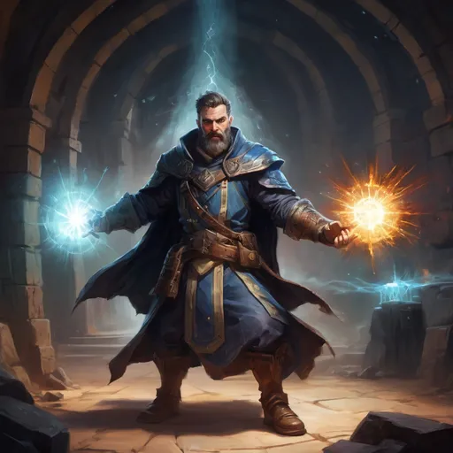 Prompt: Male stocky large mature cleric with short-cut hair and beard, engaged in combat casting a prismatic-light spell inside of a dark dungeon, pathfinder, d&d setting, in a realistic high quality digital art style, enhanced shadow quality, colorful