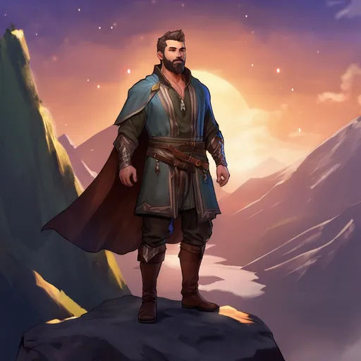 Prompt: (Full body) male stocky magical balance-mage with short hair and beard, open shirt, in dark lit mountain background, pathfinder, d&d setting, in a realistic digital art style