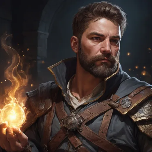 Prompt: (head and torso) Male stocky large mature alchemist with short-cut brown hair and beard, engaged in combat casting a light spell inside of a dark dungeon, pathfinder, d&d setting, in a realistic high quality digital art style, enhanced shadow quality