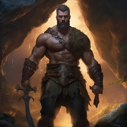 Prompt: (Full body) male handsome large muscular champion with short hair and beard, outside of a cave by a forest at night, pathfinder, d&d setting, in a realistic high quality digital art style