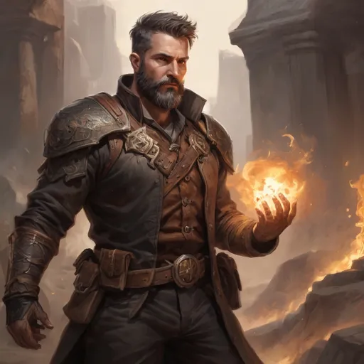 Prompt: Male stocky heavy-set mature illutionist with short-cut hair and beard, on a battlefield, in combat, casting a brown-spell, pathfinder, d&d setting, enhanced shadow quality, realistic