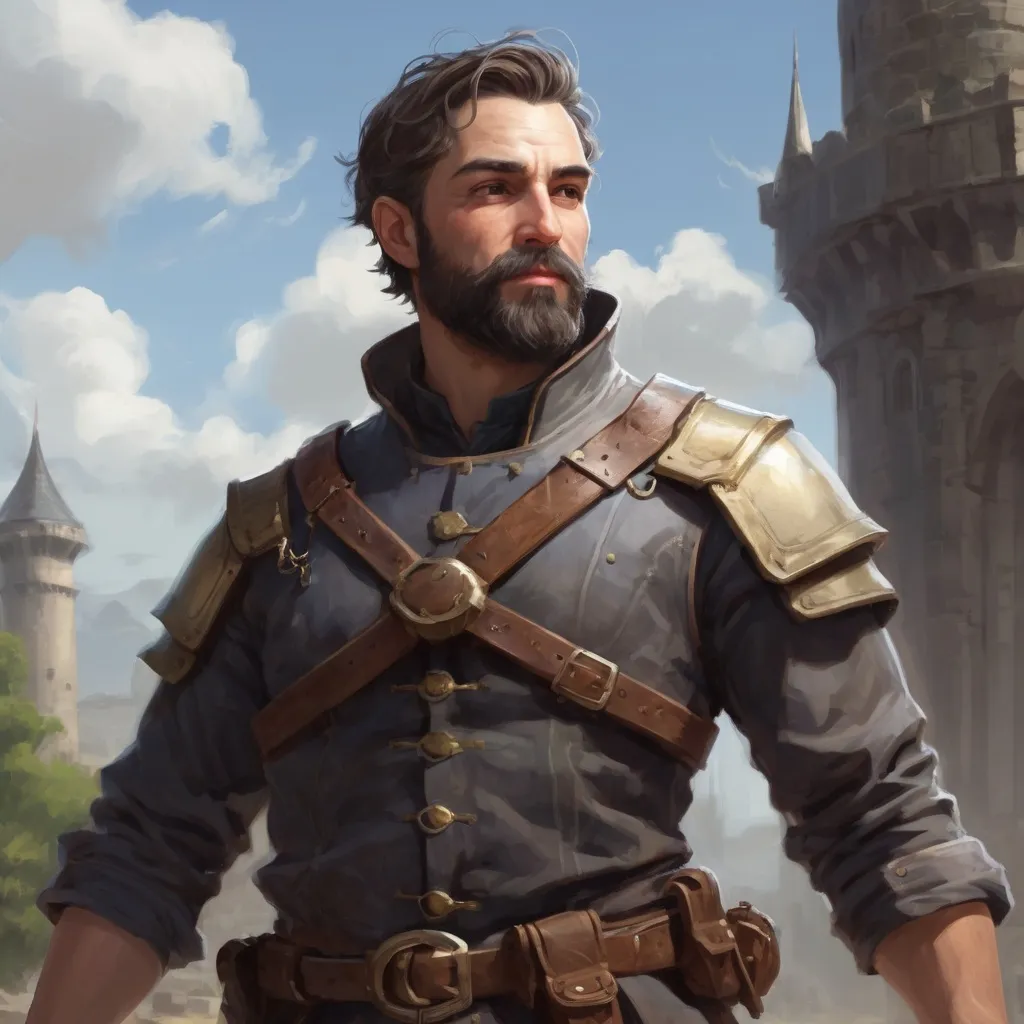 Prompt: Male heavy-set mature fit Alchemist with short-cut hair and beard, in a windy castleground, pathfinder, d&d setting, enhanced shadow quality