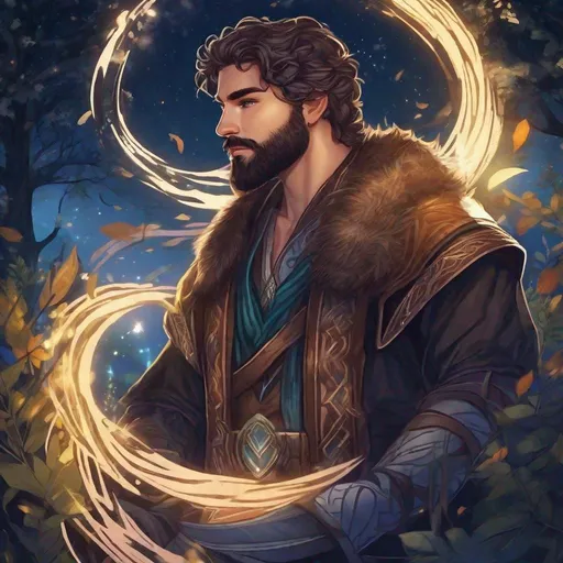 Prompt: A male short-haired druid with dark hair and beard, magical swirls, bare hairy chest, in nature at night, boots, pathfinder, in a detailed realistic digital art style