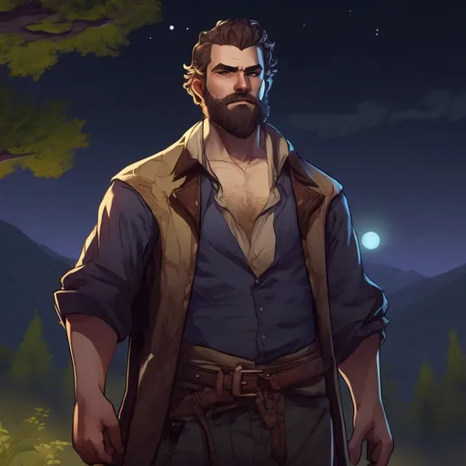 Prompt: (Full body) male stocky big-chested hairy-chested warlock with short hair and beard, open shirt, in nature at night, pathfinder, d&d setting, in a realistic digital art style