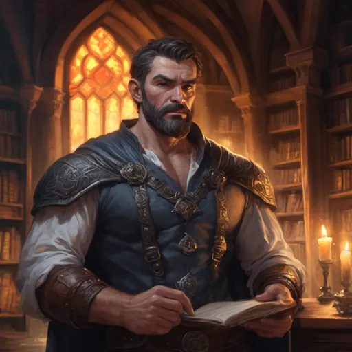 Prompt: (torso) Male stocky mature noble muscular mage, with short hair and beard, open shirt, hairy chest, in a dark library in a castle, pathfinder, d&d setting, in a realistic high quality digital art style, enhanced shadow quality, colorful
