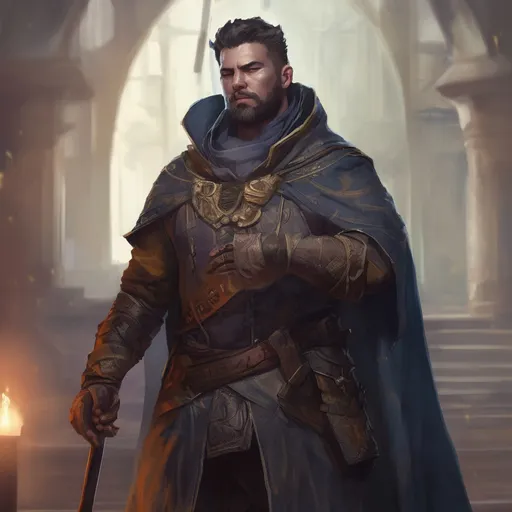 Prompt: (Full body) male stocky mage-hunter with short-cut hair and beard, in a dark magic temple dungeon, wearing big shoulderguards, pathfinder, d&d setting, in a realistic digital art style