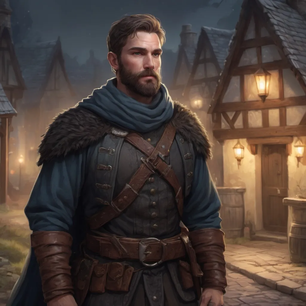 Prompt: (Full body) male handsome large scottish ranger with short hair and beard, by a small fantasy village at night, pathfinder, d&d setting, in a realistic high quality digital art style