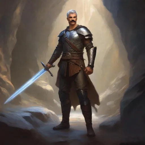 Prompt: (Full body) a fighter with mustache and stubble grey short-cut hair no shirt on, belt, boots, leather pants, holding a sword, standing in a dark cavern, fantasy setting, dungeons & dragons, in a painted style realistic art