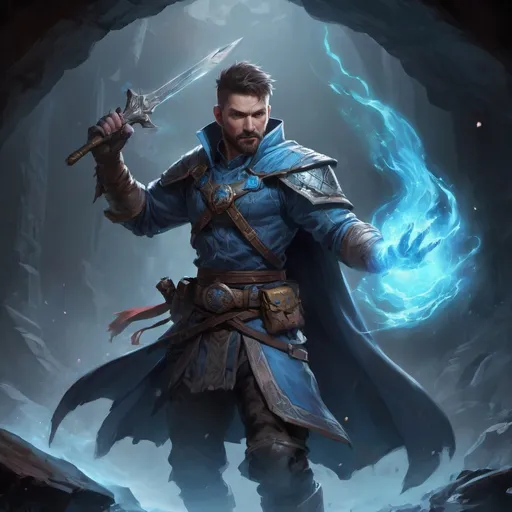 Prompt: Male stocky large battle-mage with short-cut hair and beard, engaged in combat casting a bright-azure spell, inside of a dark cavernous dungeon, pathfinder, d&d setting, in a realistic high quality digital art style, enhanced shadow quality, colorful