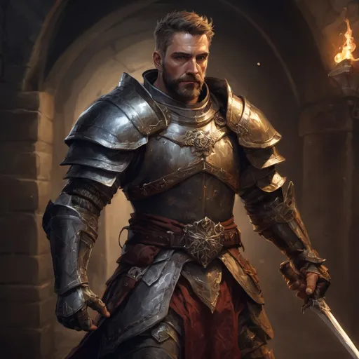 Prompt: Male stocky large mature royal knight with short-cut hair and beard, engaged in combat inside of a dark dungeon, pathfinder, d&d setting, in a realistic high quality digital art style, enhanced shadow quality, colorful picture