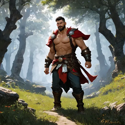 Prompt: (Full body) male warrior with short hair and beard, with a hairy chest, exploring a dark fantasy forest, pathfinder, d&d setting, in a detailed digital art style