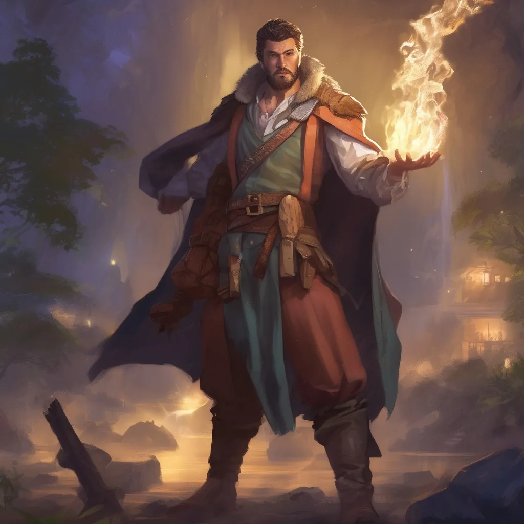 Prompt: (Full body) male stocky big-chested hairy-chested sorcerer with short hair and beard, no shirt on, casting a spell, in nature at night, pathfinder, d&d setting, in a realistic digital art style