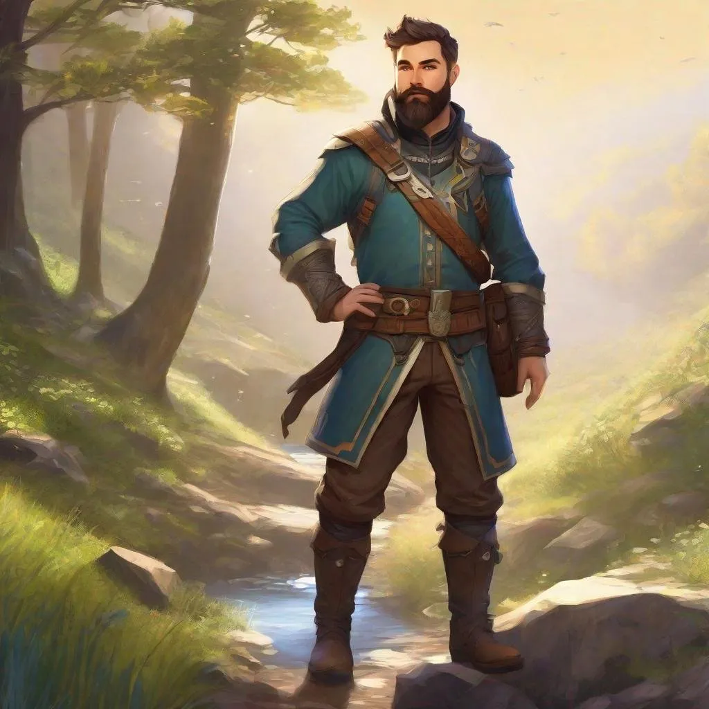 Prompt: A male artificer with short hair and beard, in nature, boots, pathfinder, in a detailed realistic digital art style