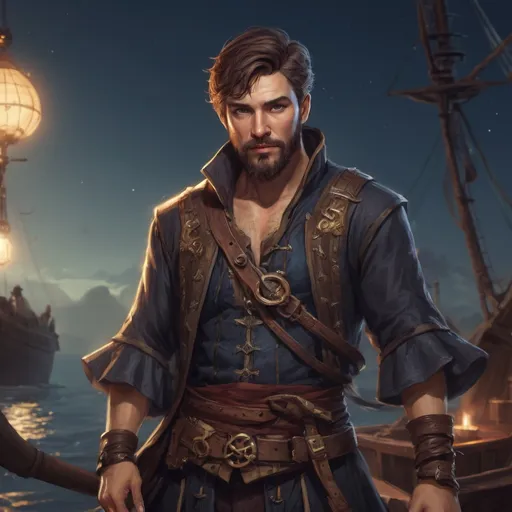 Prompt: (Full body) male handsome large  pirate mage with short hair and beard, on a ship by land at night, pathfinder, d&d setting, in a realistic high quality digital art style