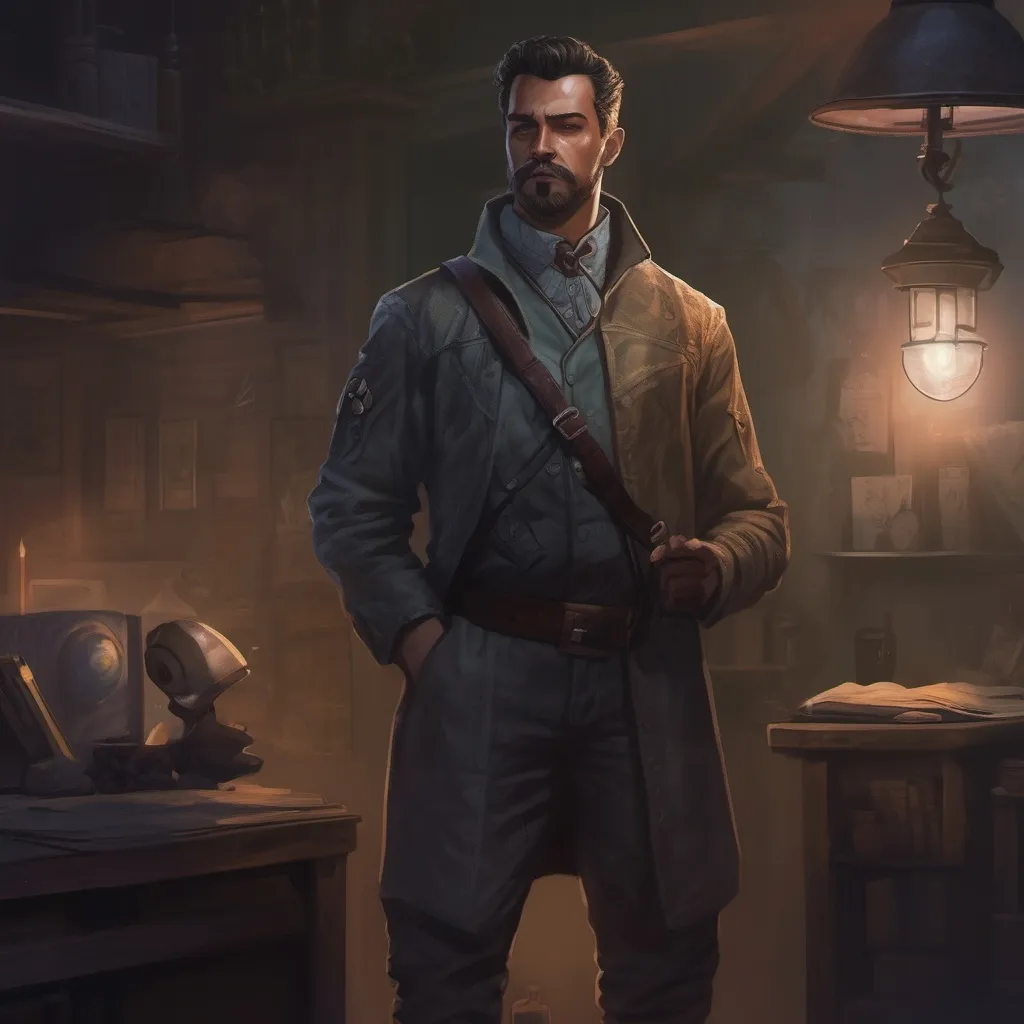 Prompt: (Full body) male stocky investigator with short hair and mustache,  in a dark room, pathfinder, d&d setting, in a realistic digital art style