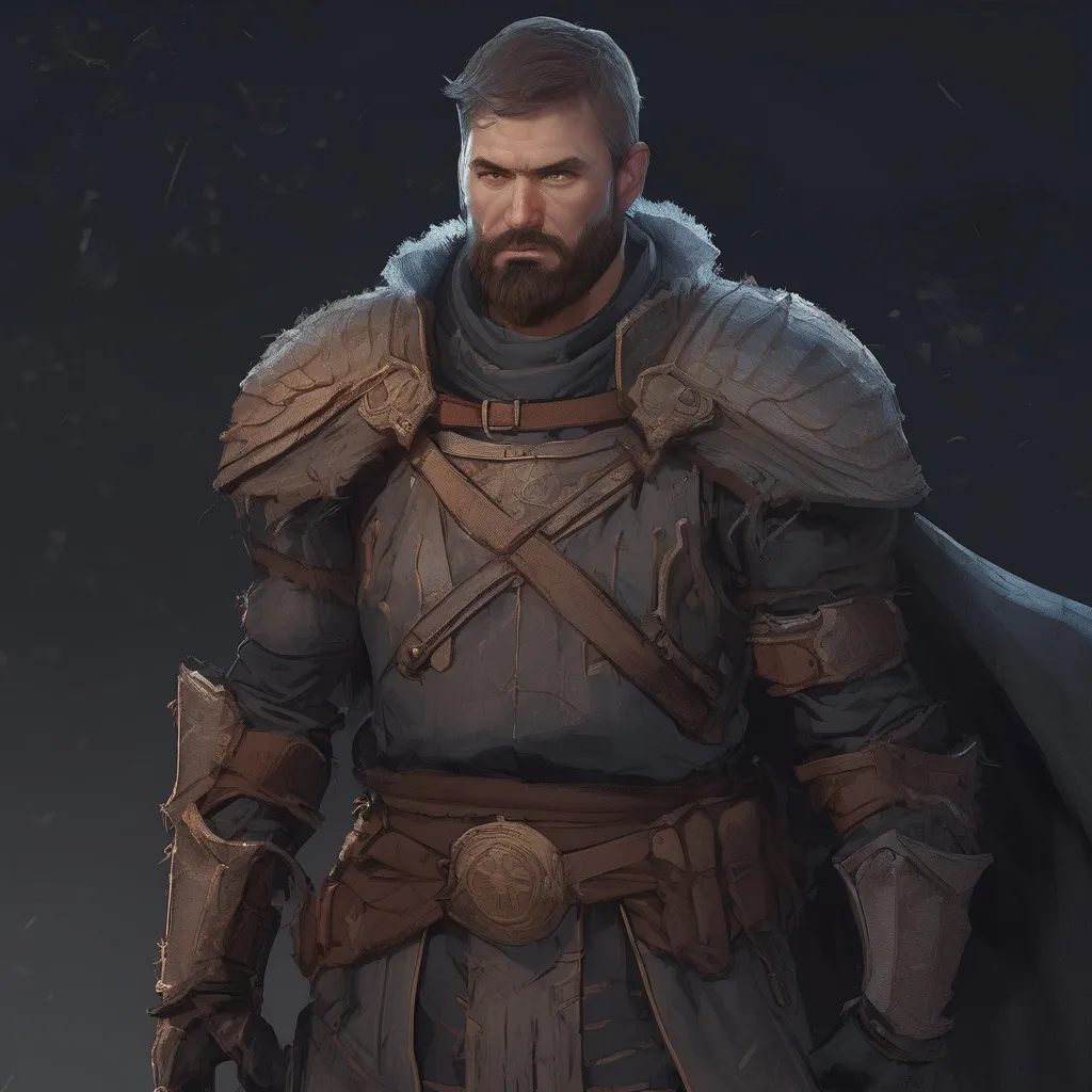 Prompt: (Full body) male large muscular knight with short-cut hair and beard, in nature in the dark, cloak, pathfinder, d&d setting, in a realistic digital art style