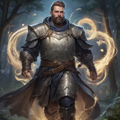 Prompt: (Full body) male stocky fat masculine knight with short hair and beard, surrounded by swirly bright spell, in nature at night, pathfinder, d&d setting
