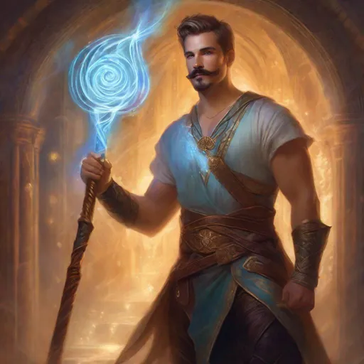 Prompt: (Full body) a male mage with mustache and stubble short-cut hair, handsome manly face, belt, boots, no shirt hairy chest, holding magical staff swirly lights, standing in a otherwordly dimention, fantasy setting, dungeons & dragons, in a painted style realistic art