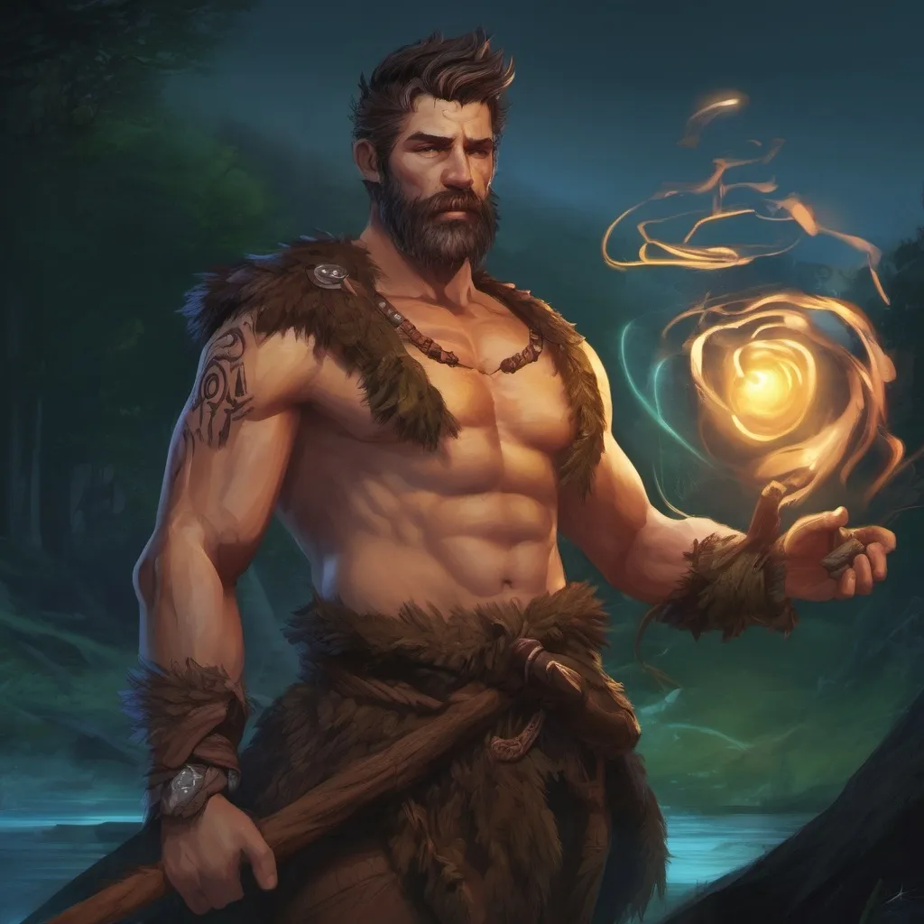 Prompt: (Full body) male stocky druid with short-cut hair and beard, no shirt on, hairy chest, casting a swirly nature-spell, in nature at night pathfinder, d&d setting, in a realistic digital art style