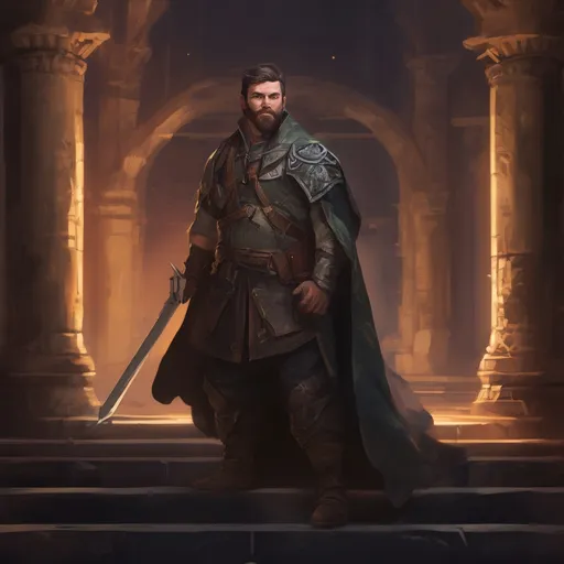 Prompt: (Full body) male stocky magical hunter with short-cut hair and beard, in a dark magic temple dungeon, cloak, pathfinder, d&d setting, in a realistic digital art style