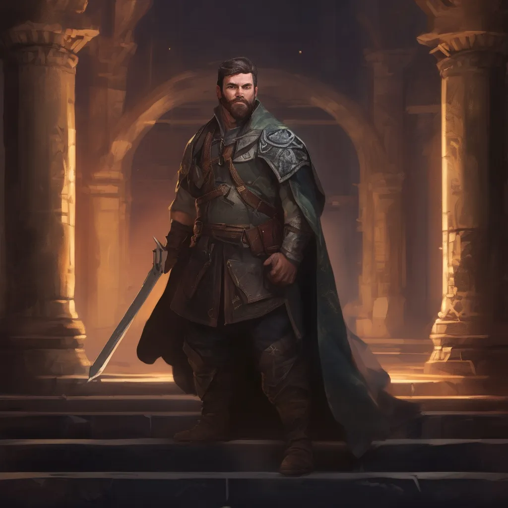 Prompt: (Full body) male stocky magical hunter with short-cut hair and beard, in a dark magic temple dungeon, cloak, pathfinder, d&d setting, in a realistic digital art style