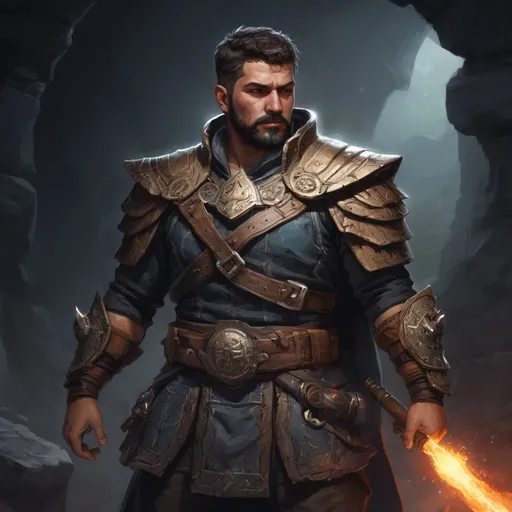 Prompt: Male stocky large mature mexican fighter with short-cut hair and beard, exploring a dark astral dungeon, pathfinder, d&d setting, in a realistic high quality digital art style, enhanced shadow quality, colorful