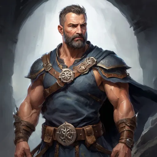 Prompt: (Torso) Male stocky large muscular 41-year old druid with short-cut hair and beard, engaged in combat casting a light-spell inside of a windy dungeon, pathfinder, d&d setting, realistic, enhanced shadow quality, colorful