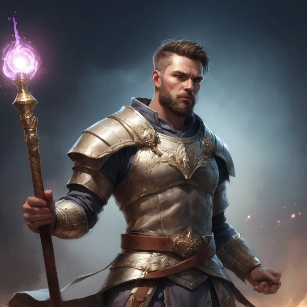 Prompt: (torso) Male stocky manly magical crusader with short-cut hair and beard, on a battlefield, in combat, holding a magic staff, bright aura, pathfinder, d&d setting, in a realistic high quality digital art style, enhanced shadow quality