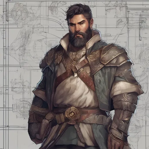 Prompt: (Full body) male stocky young royal noble with short-cut hair and beard, in a dark labratory, pathfinder, d&d setting, in a realistic digital art style