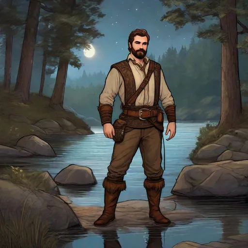 Prompt: (Fullbody) male large adult ranger manly face, brown short-hair short-bearded, thin shirt very hairy chest, heavy belt, brown boots, pathfinder, dungeons and dragons, dark forest by a lake at midnight, in a painted style, realistic