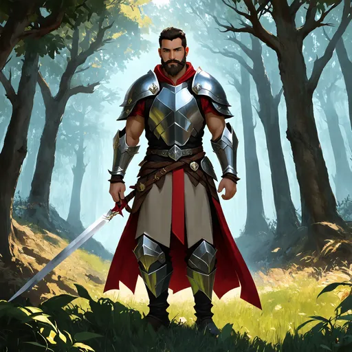 Prompt: (Full body) male paladin with short hair and beard, with a hairy chest, exploring a dark fantasy forest, pathfinder, d&d setting, in a drawn digital art style