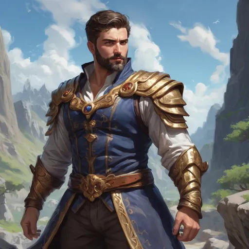 Prompt: male stocky heavy-set royal summoner with short-cut hair and beard, hairy chest, casting swirly bright spell, in windy valley, pathfinder, d&d setting, realistic high quality, enhanced shadow quality