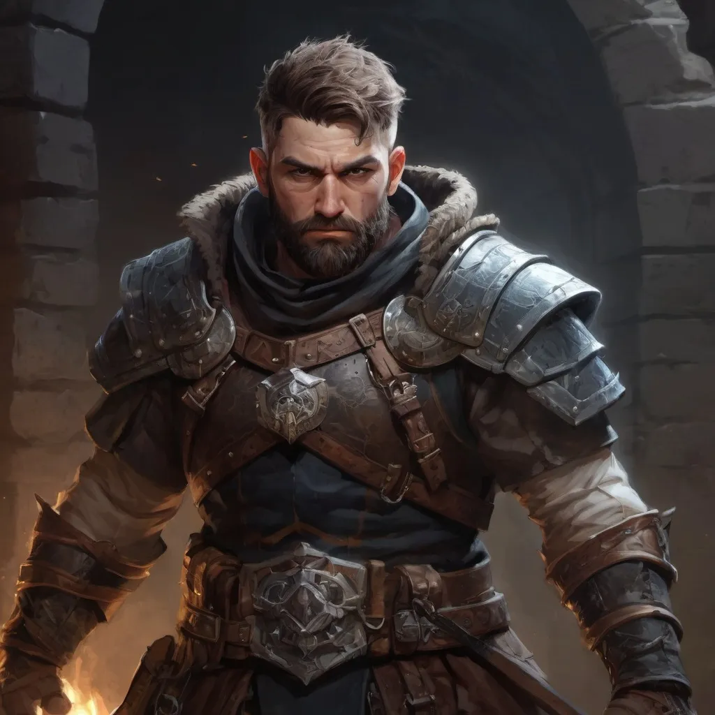 Prompt: Male stocky large warrior with short-cut hair and beard, exploring a dark dungeon, pathfinder, d&d setting, in a realistic high quality digital art style, enhanced shadow quality, colorful